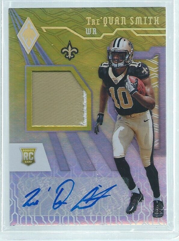 TRE'QUAN SMITH 2018 PANINI PHOENIX 2-COLOR PATCH AUTO YELLOW RC #D 34/75