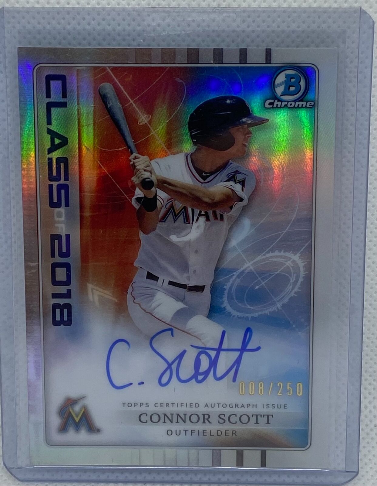 CONNOR SCOTT 2018 TOPPS BOWMAN CHROME CLASS OF 2018 REFRACTOR AUTO #D 8/250