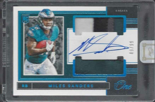 MILES SANDERS 2019 PANINI ONE PLATINUM RPA DUAL PATCH ON CARD AUTO RC #D 89/99
