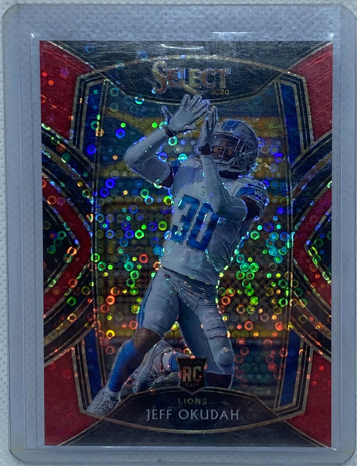 JEFF OKUDAH 2020 PANINI SELECT CLUB LEVEL RED DISCO PRIZM RC #D 14/49