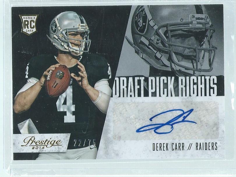 DEREK CARR 2014 PANINI PRESTIGE DRAFT PICK RIGHTS AUTO RC #D 22/75