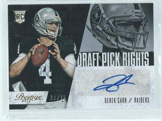 DEREK CARR 2014 PANINI PRESTIGE DRAFT PICK RIGHTS AUTO RC #D 22/75