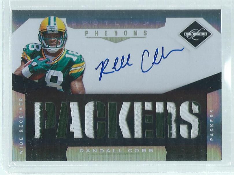RANDALL COBB 2011 LIMITED SPOTLIGHT PHENOMS 2 COLOR PATCH ON CARD AUTO RC #D /25