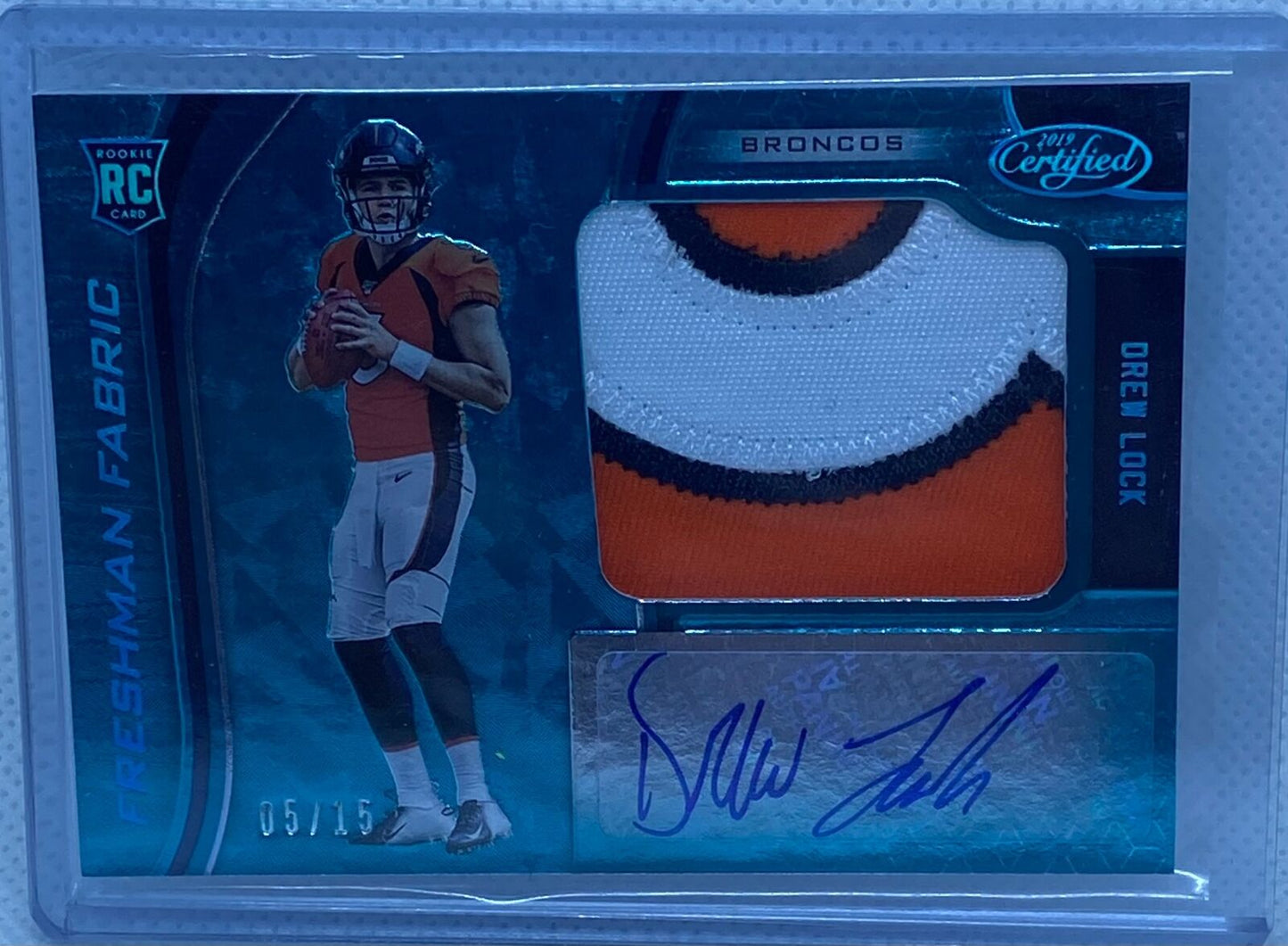 DREW LOCK 2019 PANINI CERTIFIED TEAL AQUA RPA ROOKIE PATCH AUTO RC #D 5/15