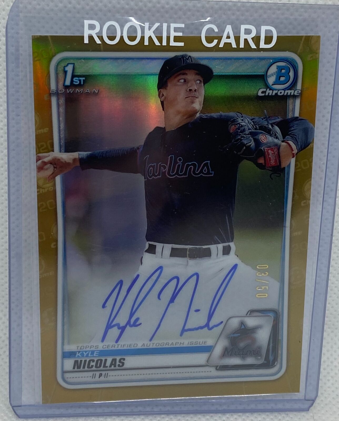 KYLE NICOLAS 2020 1ST BOWMAN CHROME PROSPECTS GOLD REFRACTOR AUTO #D 3/50