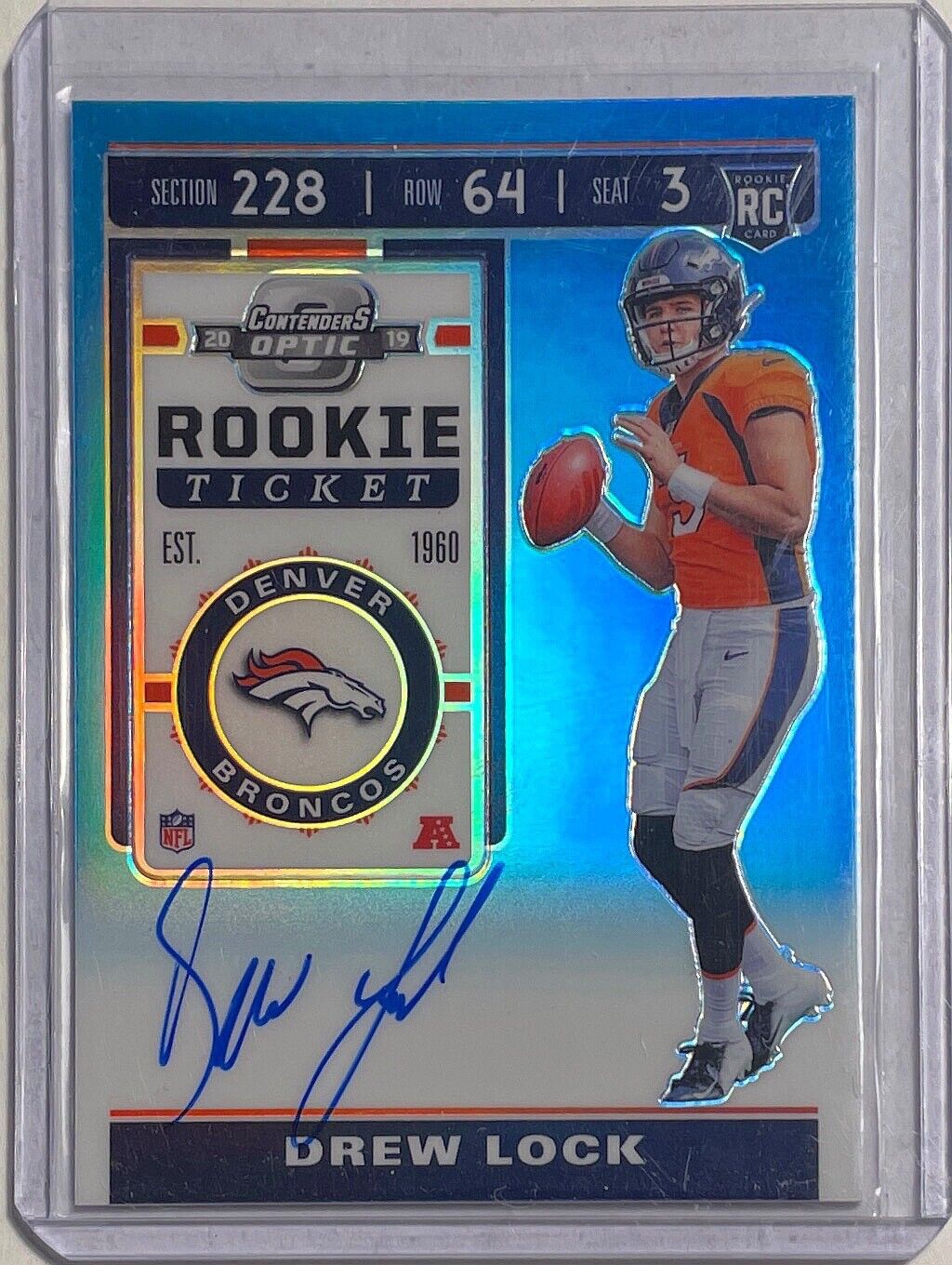 DREW LOCK 2019 CONTENDERS OPTIC ROOKIE TICKET AUTO LIGHT BLUE PRIZM RC #D /149
