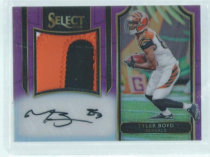 TYLER BOYD 2016 PANINI SELECT PURPLE PRIZM 3-COLOR PATCH AUTO RC #D 22/49