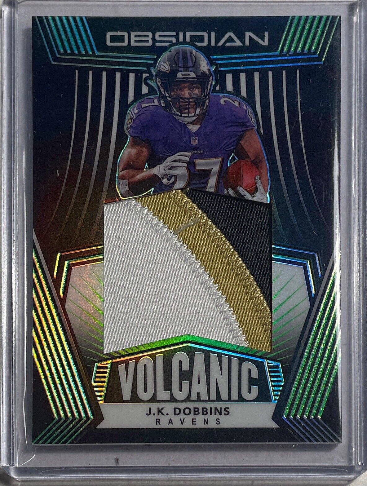 J.K. DOBBINS 2020 OBSIDIAN VOLCANIC JUMBO 3 COLOR PATCH ROOKIE RC #D 34/50