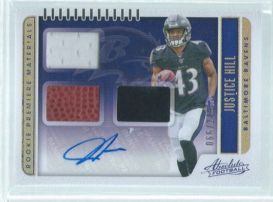 JUSTICE HILL 2019 ABSOLUTE ROOKIE PREMIERE MATERIALS TRIPLE PATCH AUTO RC /249