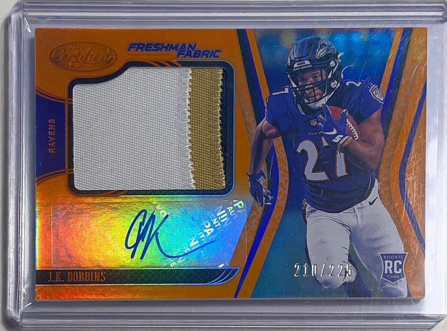 J.K. DOBBINS 2020 PANINI CERTIFIED 3 COLOR PATCH AUTO ORANGE ROOKIE RC #D /225
