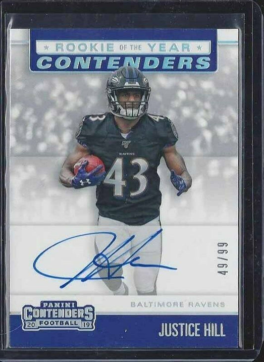 JUSTICE HILL 2019 CONTENDERS ROOKIE OF THE YEAR ROY ON CARD AUTO RC #D 49/99