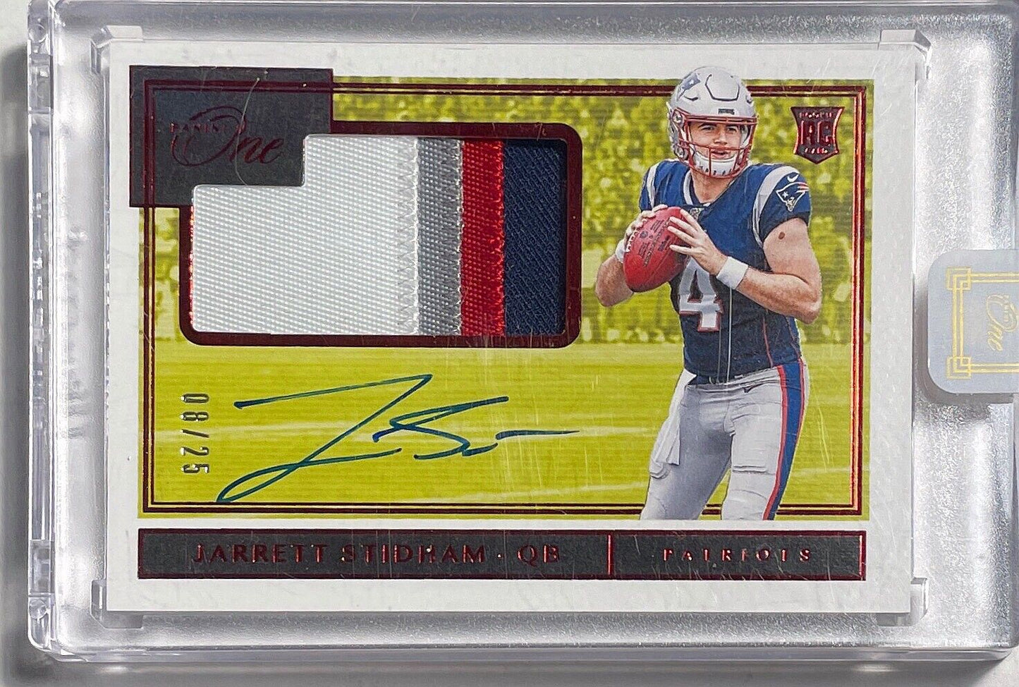 JARRETT STIDHAM 2019 PANINI ONE 4 COLOR PATCH ON CARD AUTO ROOKIE RC #D 08/25