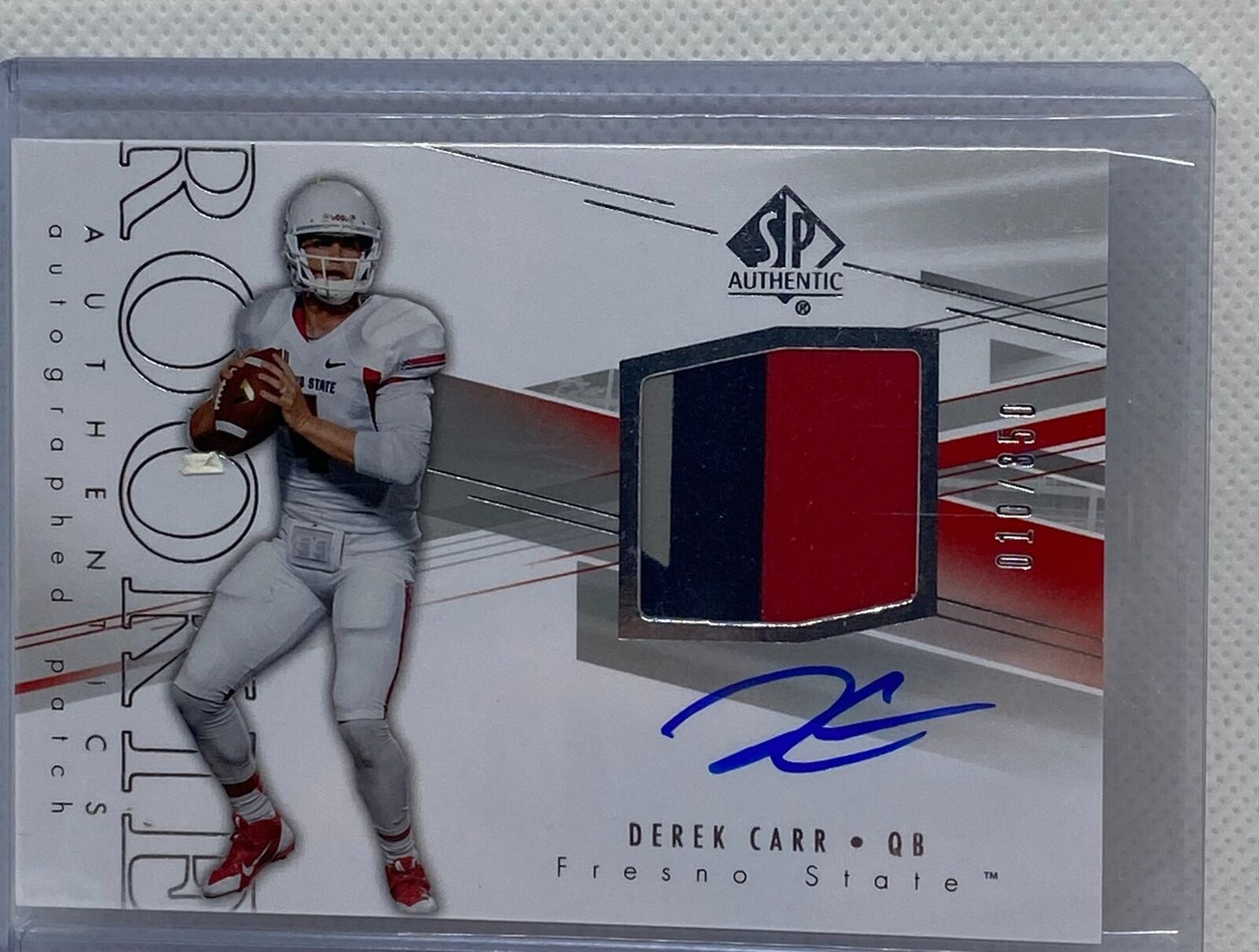 DEREK CARR 2014 UD SP AUTHENTIC RPA ROOKIE PATCH ON CARD AUTO RC #D 10/350