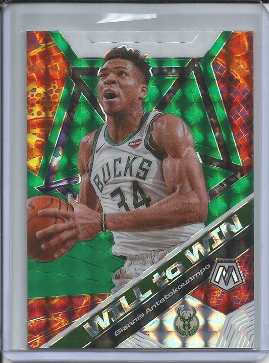 GIANNIS ANTETOKOUNMPO 2019-20 PANINI PRIZM WILL TO WIN GREEN PRIZM BUCKS #12