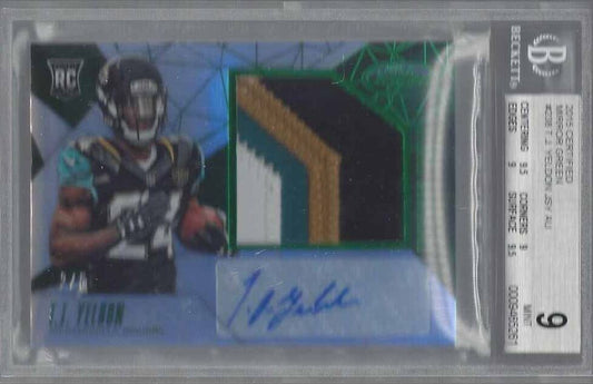 T.J. YELDON 2015 CERTIFIED MIRROR GREEN JUMBO 4 CLR PATCH AUTO RC /5 BGS 9 10 AU