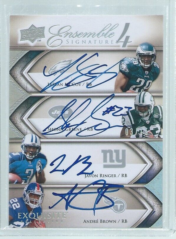 LESEAN MCCOY SHONN GREENE RINGER ANDRE BROWN 2009 EXQUISITE ON CARD AUTO RC /15