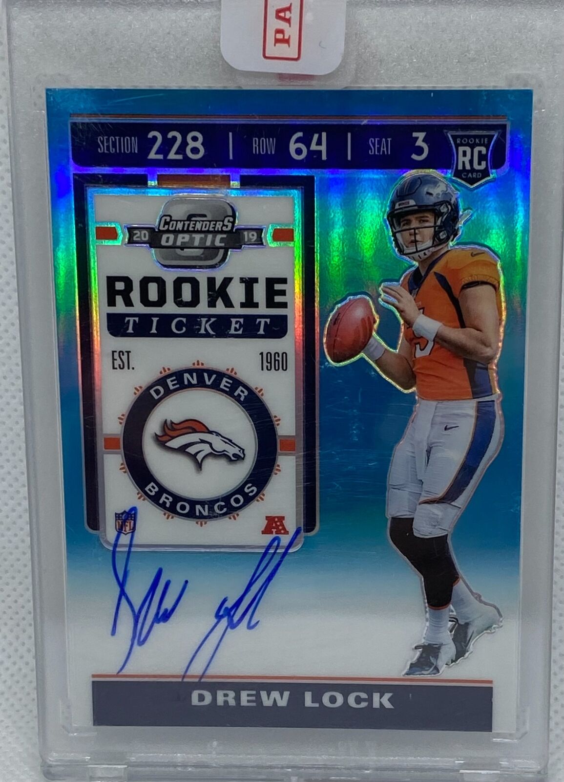 DREW LOCK 2019 CONTENDERS OPTIC ROOKIE TICKET LIGHT BLUE PRIZM AUTO RC #D 19/149