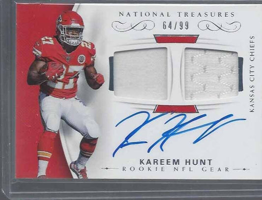 KAREEM HUNT 2017 NATIONAL TREASURES DUAL JERSEY ON CARD AUTO RC #D 64/99
