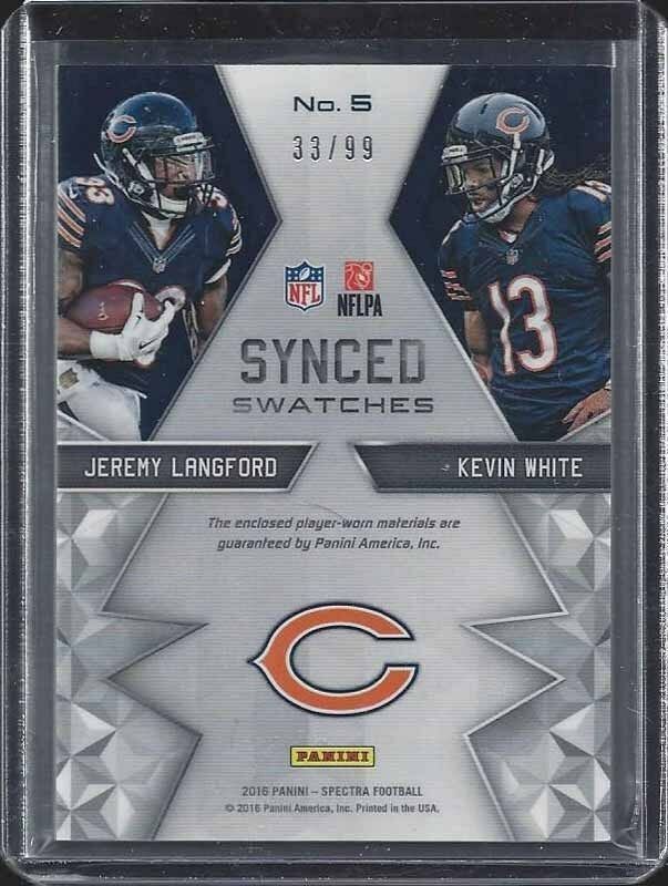 1/1 JEREMY LANGFORD KEVIN WHITE 2016 SPECTRA SYNCED NEON BLUE JERSEY #D 33/99