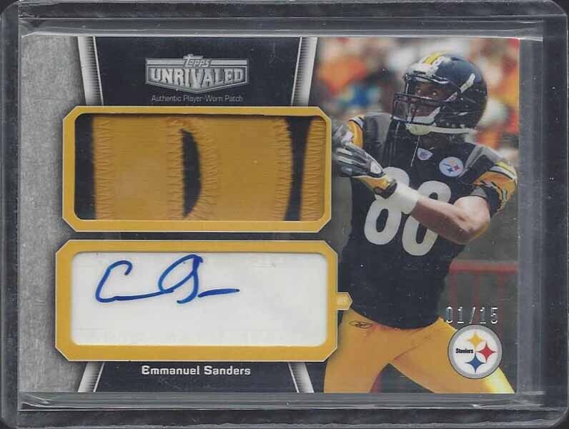 EMMANUEL SANDERS 2010 TOPPS UNRIVALED RPA JUMBO NAMEPLATE PATCH AUTO RC #D 1/15