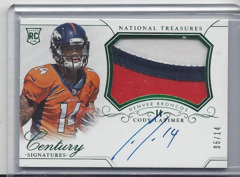 CODY LATIMER 2014 NATIONAL TREASURES GREEN JERSEY NUMBER RPA PATCH AUTO RC /14