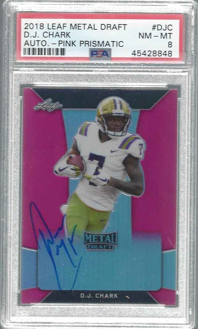 D.J. CHARK 2018 LEAF METAL DRAFT PINK PRISMATIC ON CARD AUTO RC #D 3/20 PSA 8