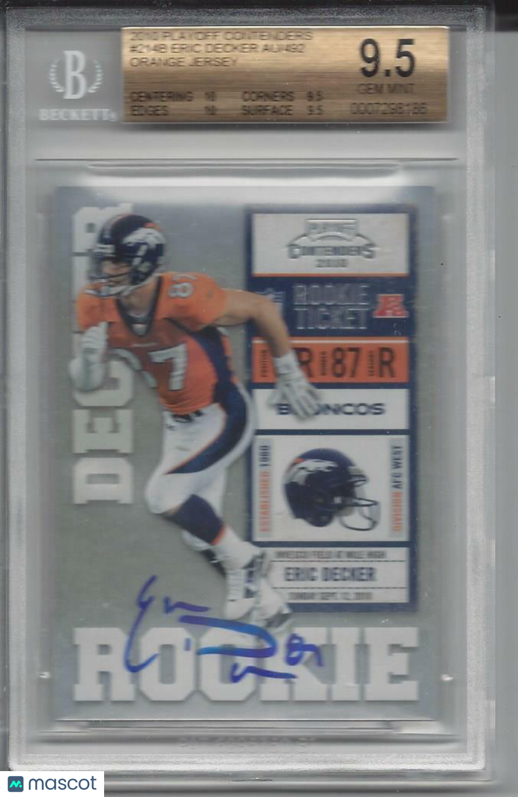 ERIC DECKER 2010 PLAYOFF CONTENDERS ORANGE JERSEY ON CARD AUTO RC BGS 9.5 10 AU