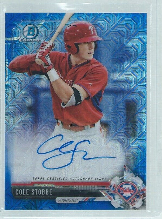 COLE STOBBE 2018 BOWMAN CHROME ON CARD AUTO PROSPECT BLUE REFRACTOR #D 124/150
