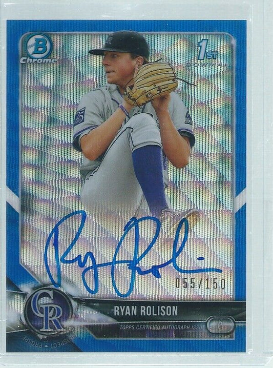 RYAN ROLISON 2014 BOWMAN CHROME 1ST AUTO PROSPECT BLUE WAVE REFRACTOR #D /150