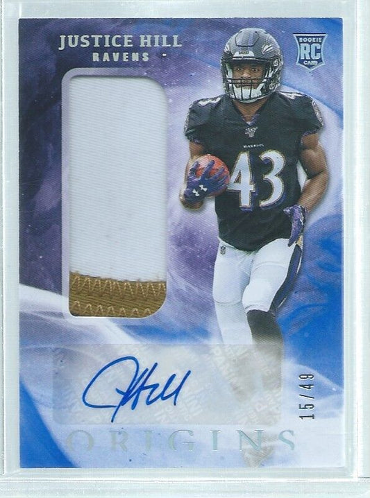 JUSTICE HILL 2019 PANINI ORIGINS 2 COLOR PATCH AUTO BLUE RC #D 15/49