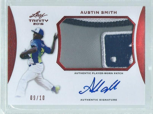 AUSTIN SMITH 2015 LEAF TRINITY 3 COLOR PATCH ON CARD AUTO PROSPECT RED #D 9/10