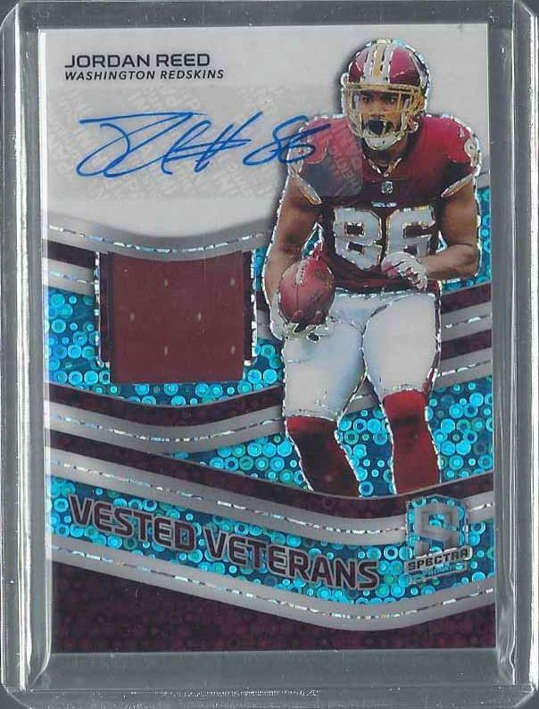 JORDAN REED 2019 SPECTRA VESTED VETERANS NEON BLUE PRIZM JERSEY AUTO #D 4/35