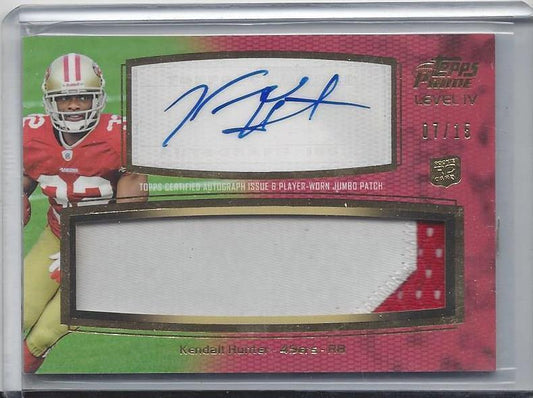 KENDALL HUNTER 2011 TOPPS PRIME LEVEL 4 JUMBO 2 COLOR 49ERS PATCH AUTO RC #D /15
