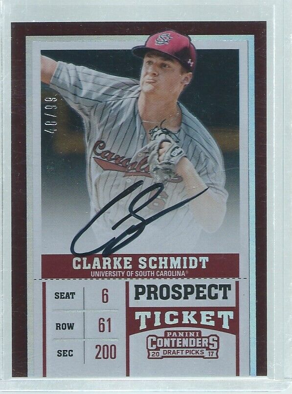 CLARKE SCHMIDT 2017 CONTENDERS DRAFT PROSPECT TICKET ON CARD AUTO #D 48/99