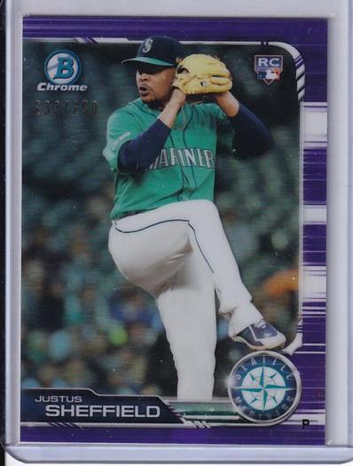 JUSTUS SHEFFIELD 2019 BOWMAN CHROME PURPLE REFRACTOR ROOKIE RC #D 233/250