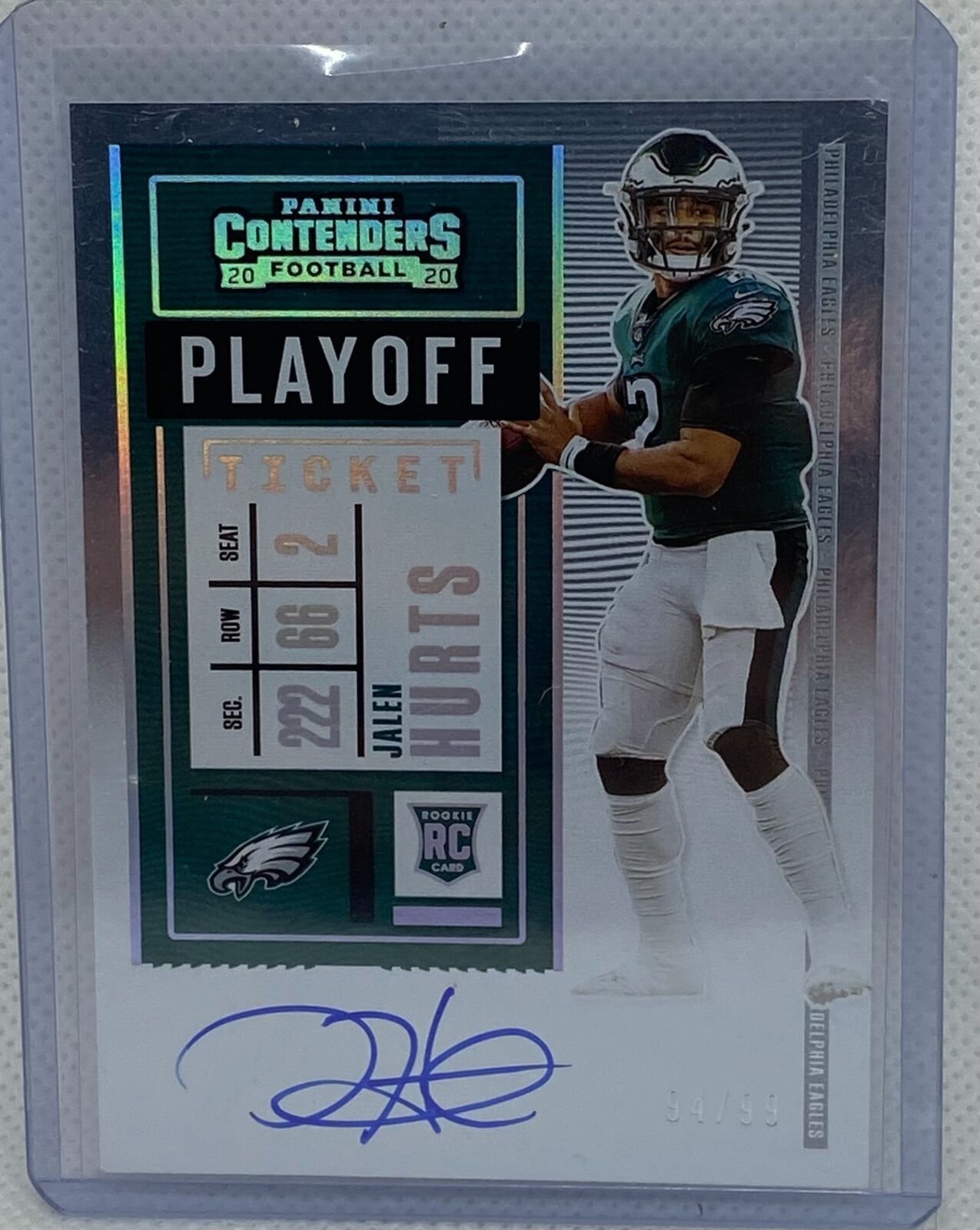 JALEN HURTS 2020 PANINI CONTENDERS PLAYOFF TICKET ON CARD ROOKIE AUTO RC #D /99