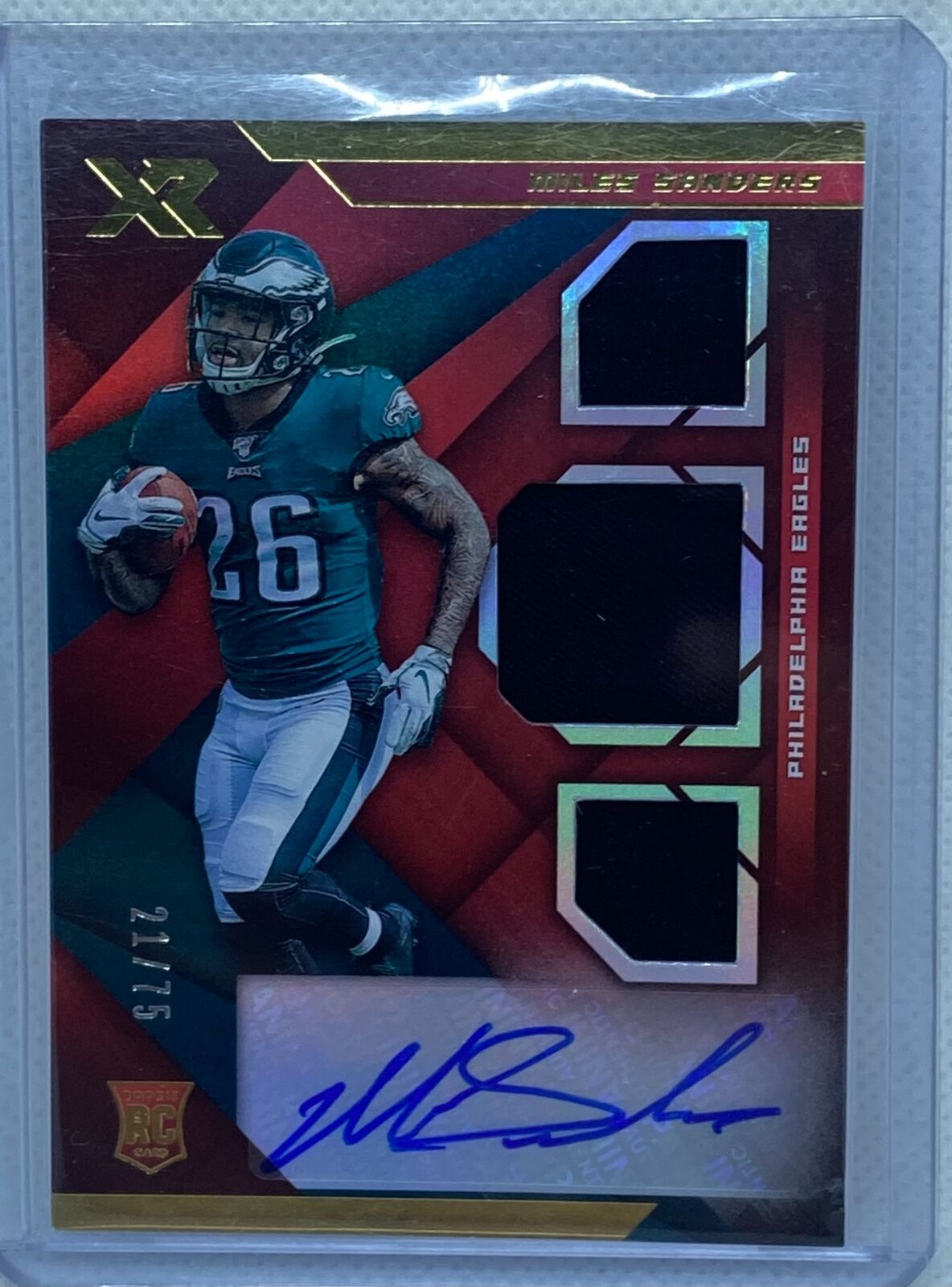 MILES SANDERS 2019 PANINI XR RED TRIPLE JERSEY AUTO RC #D 21/75