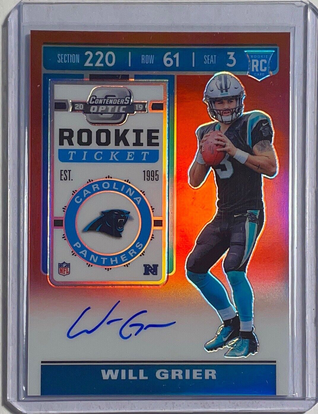 WILL GRIER 2019 CONTENDERS OPTIC ROOKIE TICKET AUTO RED PRIZM ROOKIE RC #D /199