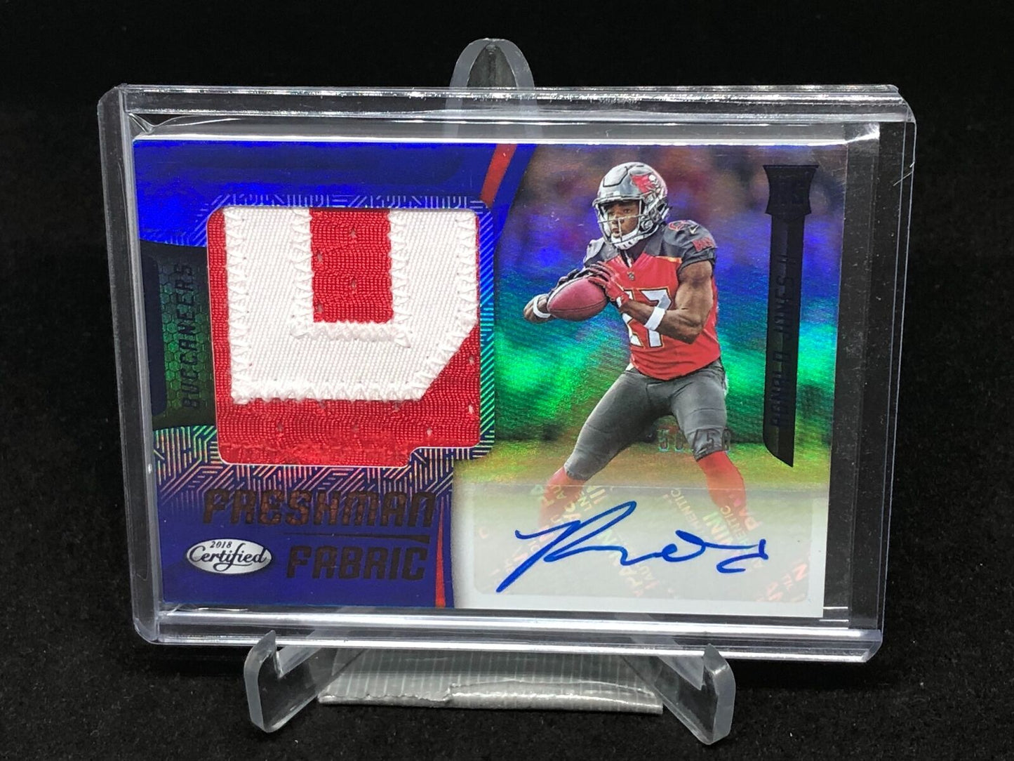 RONALD JONES II 2018 CERTIFIED BLUE FRESHMAN FABRIC 2 CLR PATCH AUTO RC #D 50/50