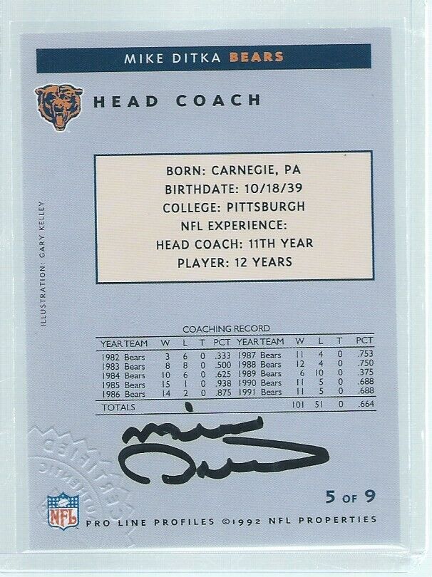 MIKE DITKA 1992 NFL PRO LINE PROFILES ON-CARD AUTO # 5 OF 9