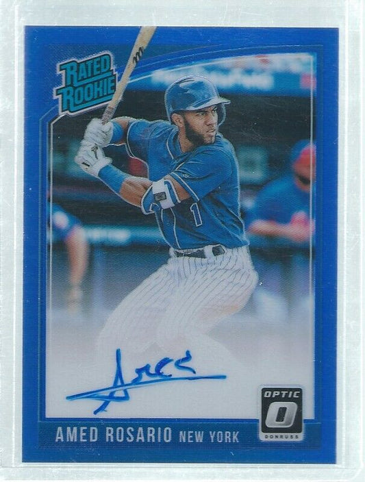 AMED ROSARIO 2018 DONRUSS OPTIC BLUE HOLO RATED ROOKIE ON CARD AUTO RC #D 71/75