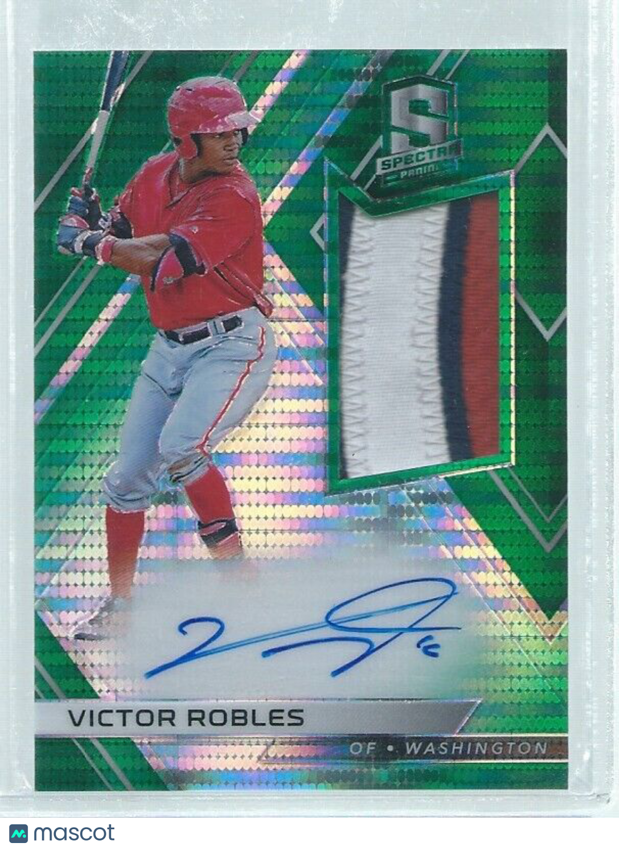 VICTOR ROBLES 2018 SPECTRA GREEN PULSAR PRIZM 3 COLOR PATCH ON CARD AUTO RC /5