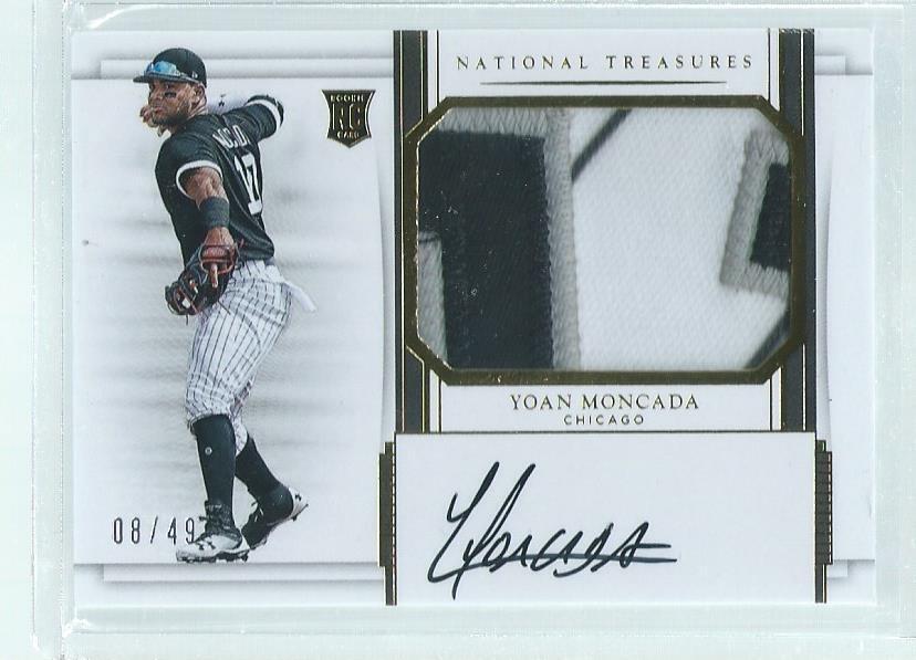 YOAN MONCADA 2017 NATIONAL TREASURES 3 COLOR PATCH ON CARD AUTO RC #D 8/49