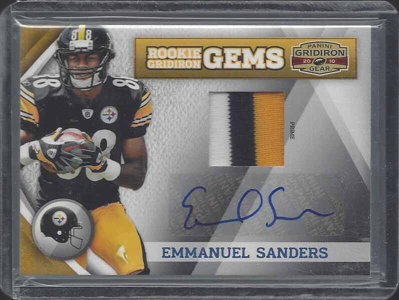 EMMANUEL SANDERS 2010 GRIDIRON GEAR GEMS RPA 3 COLOR PATCH AUTO RC #D 4/10