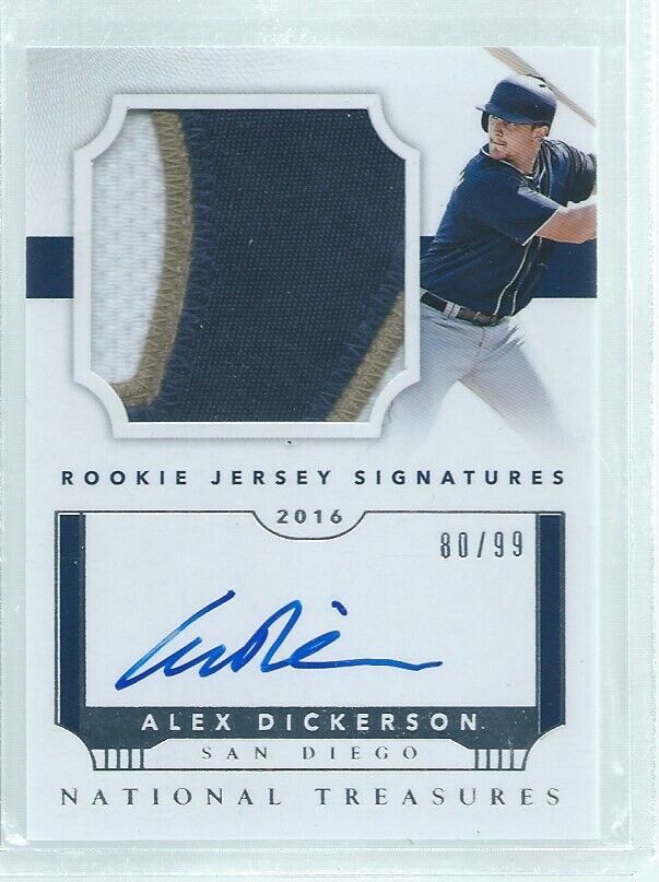 ALEX DICKERSON 2016 NATIONAL TREASURES 3 COLOR PATCH ON CARD AUTO RC #D 80/99