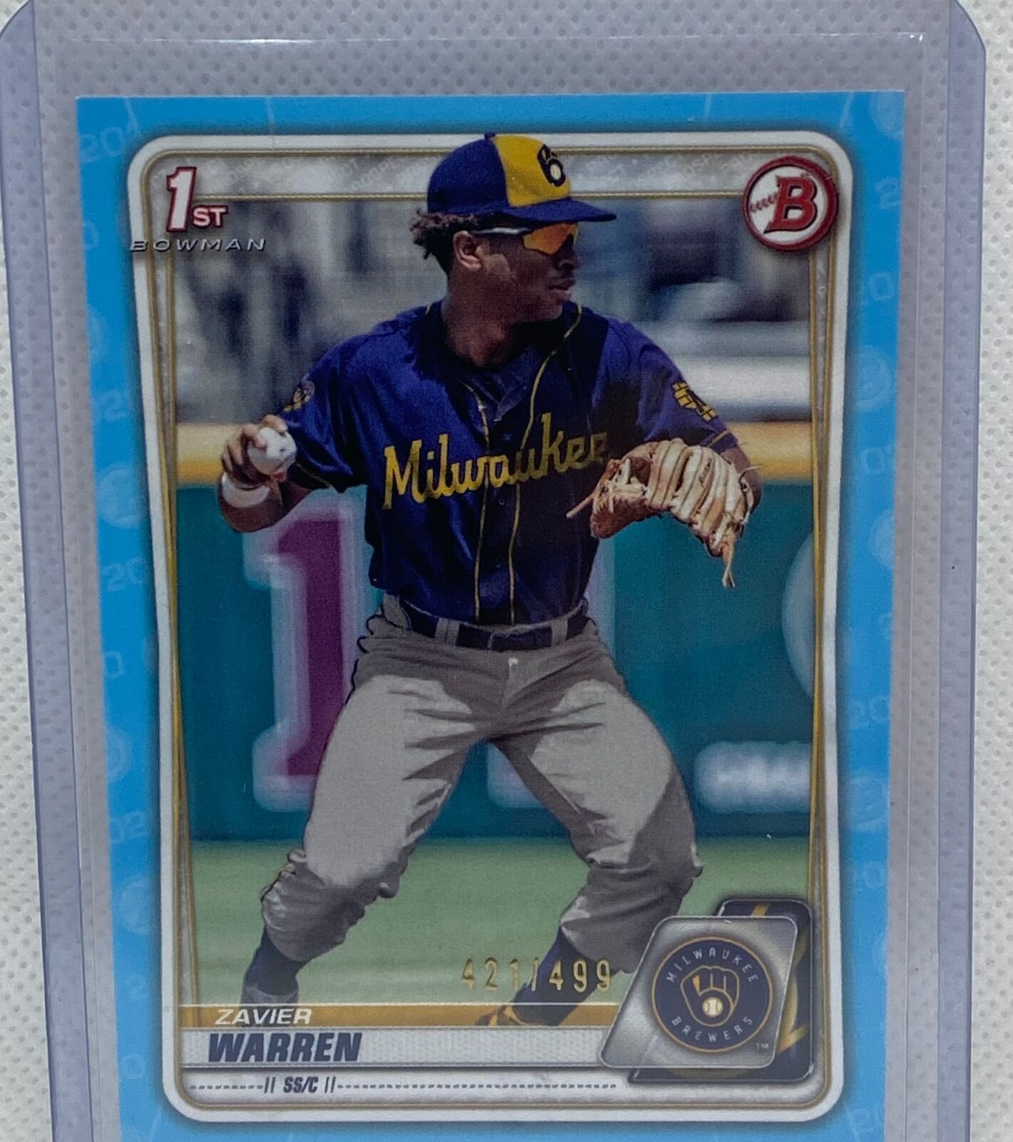 ZAVIER WARREN 2020 TOPPS 1ST BOWMAN PROSPECT SKY BLUE #D 421/499