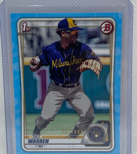 ZAVIER WARREN 2020 TOPPS 1ST BOWMAN PROSPECT SKY BLUE #D 421/499
