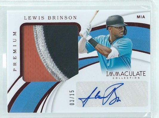 LEWIS BRINSON 2019 IMMACULATE 3 COLOR PATCH AUTO RED ROOKIE RC #D 3/15