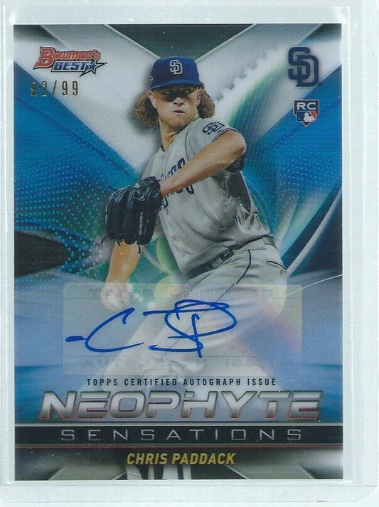 CHRIS PADDACK 2019 BOWMAN'S BEST NEOPHYTE AUTO BLUE REFRACTOR RC #D 92/99