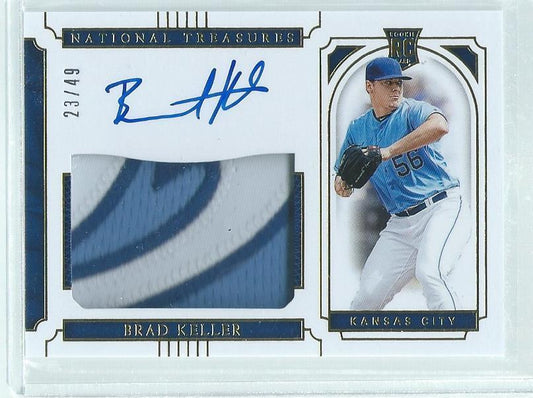 BRAD KELLER 2019 NATIONAL TREASURES GOLD 3 COLOR PATCH ON CARD AUTO RC #D 23/49